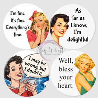 Set of 4 Retro/Funny Women 1.5 Inch Button Magnets or Pins