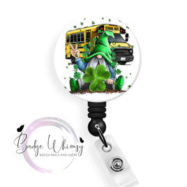 Happy St Patrick's Day - Gnome - School Bus - Pin, Magnet or Badge Holder