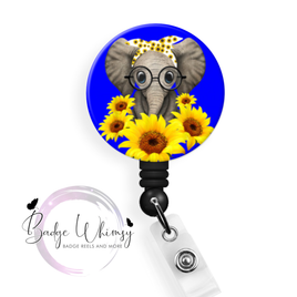 Cute Elephant & Sunflowers - 2 Color Options - Pin, Magnet or Badge Holder
