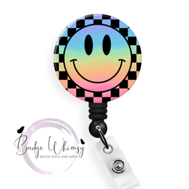 Smiley Face - Rainbow - Checkered - Pin, Magnet or Badge Holder